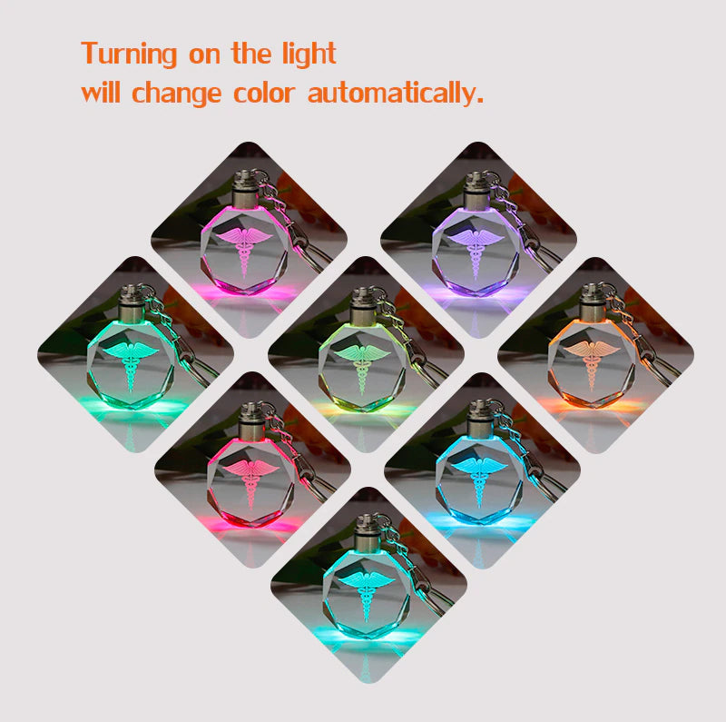 Laser Engraved Crystal Caduceus Keychain with Colorful LED Light