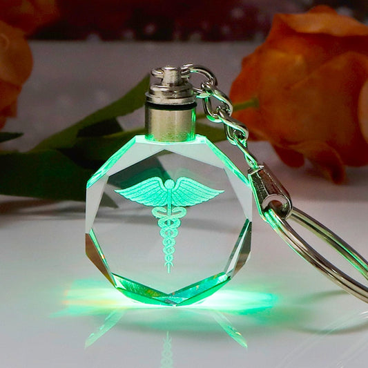 Laser Engraved Crystal Caduceus Keychain with Colorful LED Light