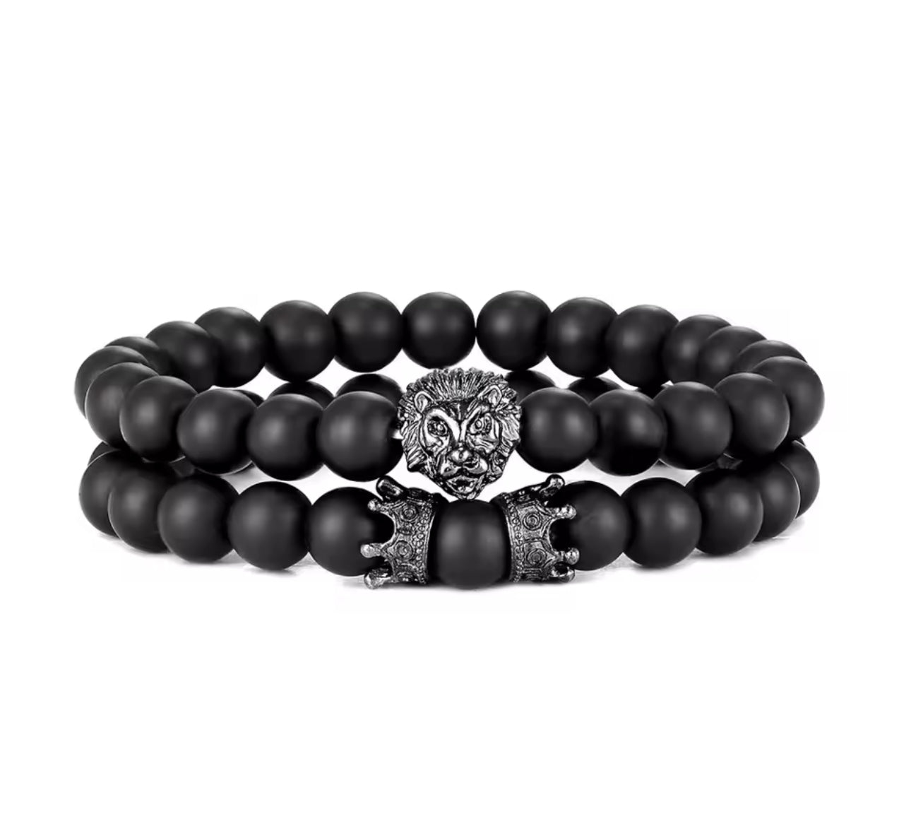 2Pcs / Set Vintage Lion Head and Crown Charm Bracelet 8mm Natural Lava Stone Beads Bracelet Men Fashion Jewelry