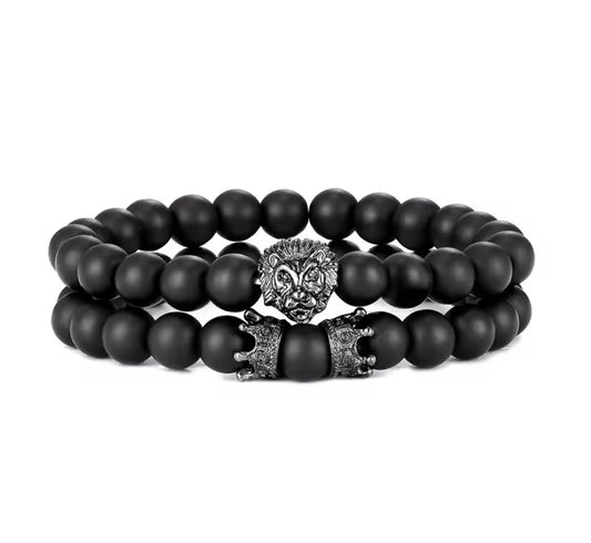 2Pcs / Set Vintage Lion Head and Crown Charm Bracelet 8mm Natural Lava Stone Beads Bracelet Men Fashion Jewelry