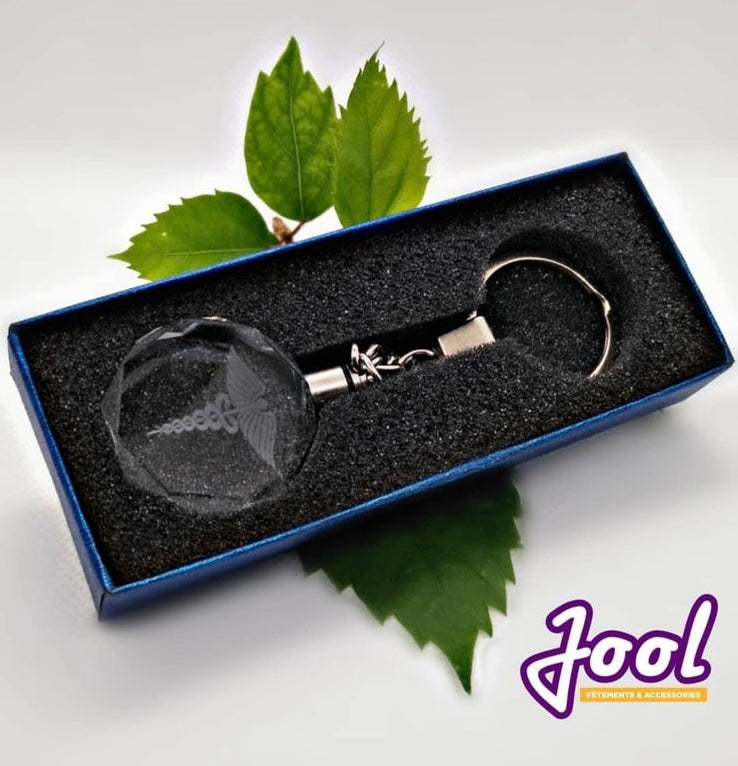 Laser Engraved Crystal Caduceus Keychain with Colorful LED Light