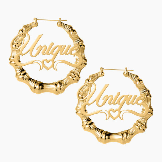 HEART OUTLINE BAMBOO NAME HOOP EARRINGS