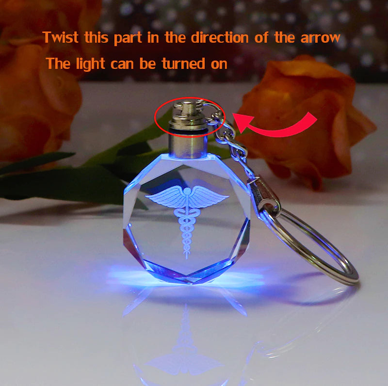 Laser Engraved Crystal Caduceus Keychain with Colorful LED Light